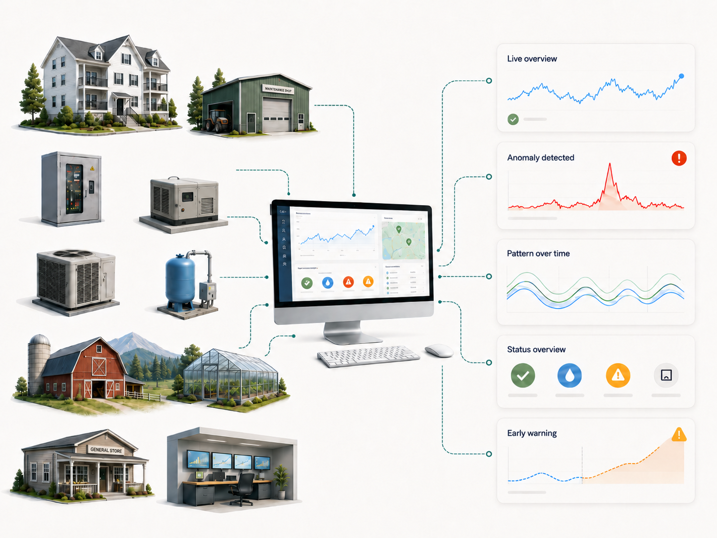 Real-world property and equipment conditions connected to clear data and alerts