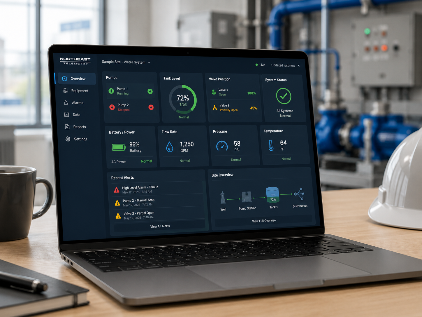 Sample status view shown on a laptop with system conditions and alerts